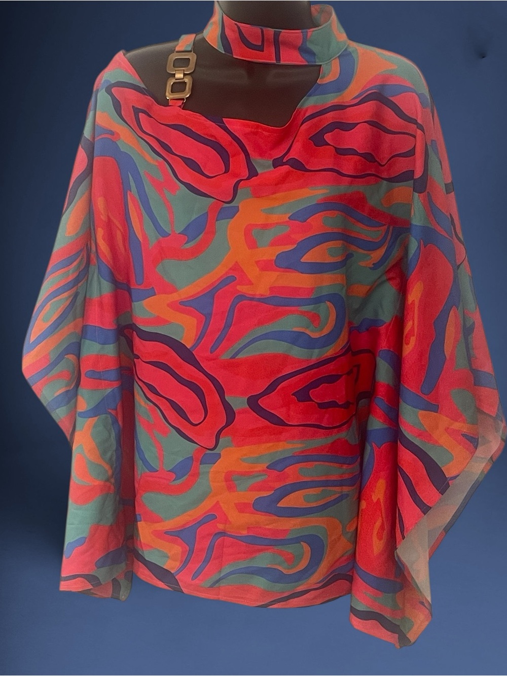 Women’s Abstract  Poncho, Chic Statement Top-Colorful High Neck CapeSleeve Tunic